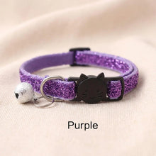 Load image into Gallery viewer, Purple glitter cat collar with a bell on a beige background Sequin Cat Collar with Bell  - Purple - JBCoolCats