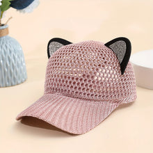 Load image into Gallery viewer, Mesh cat ear baseball caps in pink   displayed on a light surface. Purrfect Breeze Cat‑Ear Cap – Sunset Whisker Pink - JBCoolCats