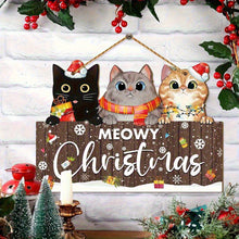 Load image into Gallery viewer, Decorative sign with three cats wearing Christmas hats and scarves, surrounded by festive decorations. Meowy &amp; Bright Holiday Wall Sign – Christmas - JBCoolCats