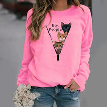 Load image into Gallery viewer, Person wearing a pink sweatshirt with cat graphic and text &#39;Ew, People&#39; . - Ew People 3-Cat Peekaboo Fleece - Blush &amp; Hiss - JBCoolCats