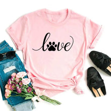 Load image into Gallery viewer, Pink t-shirt with &#39;love&#39; and paw print design, sCute Love Paw Print T Shirt - Pink Purr-suasion - JBCoolCats