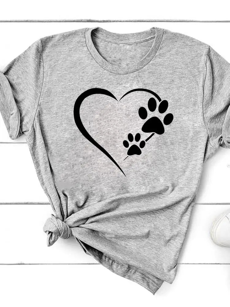 Gray t-shirt with a heart and paw print design Paw Cat Love Heart - Clothing - JBCoolCats
