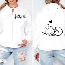 Load image into Gallery viewer, Two white hoodies with designs - Meowgic Lineup Cat Hoodie - Whisker White - Paws &amp; Affection – JBCoolCats