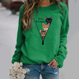 Green sweatshirt with cat design and text 'Ew, People' worn by a person - - Ew People 3-Cat Peekaboo Fleece - Forest Paws - JBCoolCats