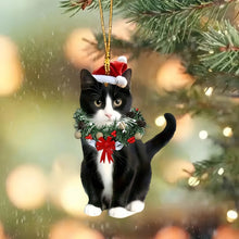 Load image into Gallery viewer, Black and White Cat ornament wearing a Christmas wreath and Santa hat -Feline Festivities Cat Ornaments – Christmas - JBCoolCats