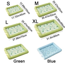 Load image into Gallery viewer, Set of pet beds in different sizes with dimensions labeled, one in green and one in blue.  Cool Cat Summer Silk Retreat Bed - Size Chart - JBCoolCats