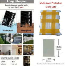Load image into Gallery viewer, Metal sign durability display showing waterproof and dust‑proof features, installation examples, secure multi‑layer packaging, and 20×30 cm size with rounded corners. Paws &amp; Pinot Metal Art Sign - Features - JBCoolCats