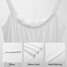 Load image into Gallery viewer, Close-up of a white dress with details on strap, bottom hem, and neat stitching.  Moonlit Meow Magic Dress – Features- JBCoolCats