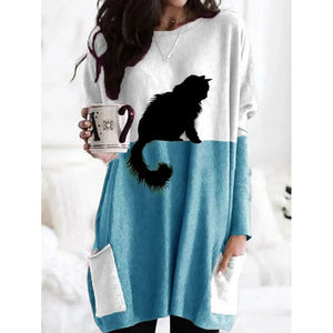 Casual Black Cat Long Sweater - Blue - JBCoolCats