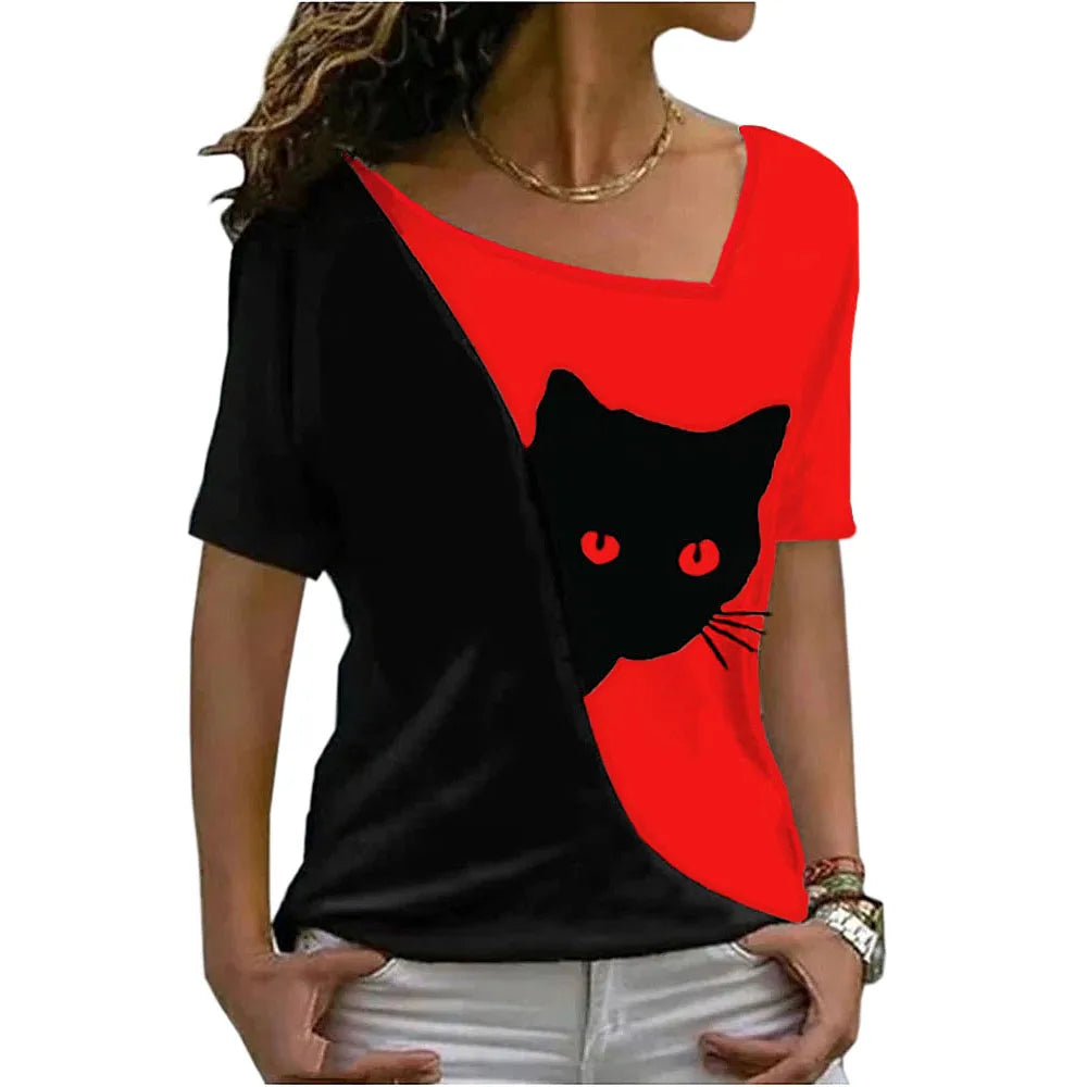 Vibrant Casual Funny Cat T-Shirt - Red & Black - JBCoolCats