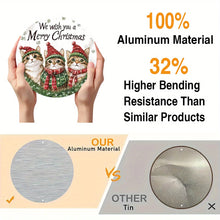 Load image into Gallery viewer, Decorative plate with cats in Christmas hats held by hands, with text about aluminum material and bending resistance. Meowy Christmas Aluminum Sign -  JBCoolCats