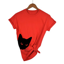 Load image into Gallery viewer, Red t-shirt with a black cat graphic on a hanger against a white background  - JBCoolCats