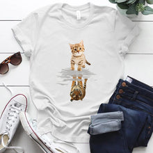 Load image into Gallery viewer, White t-shirt with a cat and tiger reflection design, Tiger Reflection Graphic T-Shirts -  JBCoolCats