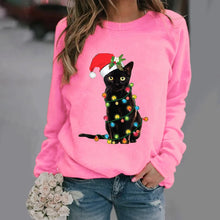 Load image into Gallery viewer, Pink sweatshirt with a black cat wearing a Santa hat and wrapped in  Christmas lights. Twinkle Paws Christmas Cat Sweatshirt - Christmas - JBCoolCats