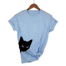 Load image into Gallery viewer, Light blue t-shirt with a black cat graphic on a hanger against a white background  - JBCoolCats