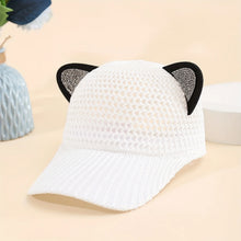 Load image into Gallery viewer, Mesh cat ear baseball cap in white displayed on a light surface. Purrfect Breeze Cat‑Ear Cap – Cool Cat White - JBCoolCats