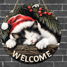 Load image into Gallery viewer, Decorative sign with a cat wearing a Santa hat and the word 'WELCOME'  - Christmas Cat Welcome Sign - Christmas - JBCoolCats