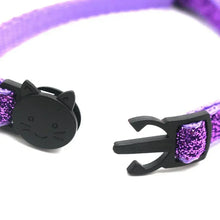 Load image into Gallery viewer, Purple glittery cat collar with black cat-shaped clasp on a white background Sequin Cat Collar with Bell  - Features - JBCoolCats