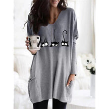 Load image into Gallery viewer, Woman wearing a gray gradient tunic with black cat designs, - Three Cat Twilight Tunic - Stormy Whisker Drift - JBCoolCats 