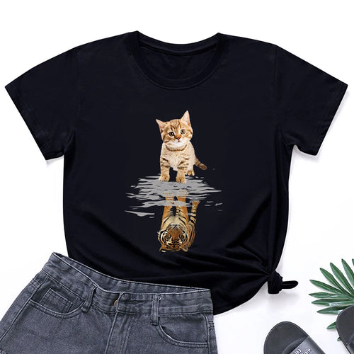 Black t-shirt with a cat and tiger reflection design, Tiger Reflection Graphic T-Shirts - Clothing -  JBCoolCats