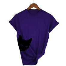 Load image into Gallery viewer, Purple t-shirt with a black cat design on a hanger against a white background  - JBCoolCats