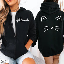Load image into Gallery viewer, Black hoodie with a heart, paw, and line design on the front, and a cat face design on the back. - Meowgic Lineup Cat Hoodie - Black Panther – Meowgnetic – JBCoolCats