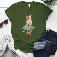 Load image into Gallery viewer, Olive t-shirt with a cat and tiger reflection design,Tiger Reflection Graphic T-Shirts -  JBCoolCats