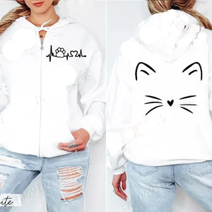 White hoodie with cat face design on front and back, Meowgic Lineup Cat Hoodie - Whisker White  – Meowgnetic – JBCoolCats