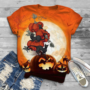 Halloween Cartoon Cats T Shirts - Stacked Pumpkins - JBCoolCats