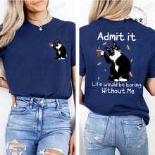 Load image into Gallery viewer, Navy blue t-shirt with a cat graphic and text on front and back worn by a person. Paws &amp; Applause T-shirt - Midnight Paws - JBCoolCats