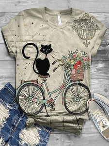 Cat on a Bicycle T-Shirt - Beige - JBCoolCats