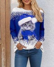 Load image into Gallery viewer, Person wearing a Blue festive sweater with a cat  in Santa hat with snowflake trim. Santa Paws Cozy Chic Long Sleeve Shirt - Christmas - JBCoolCats