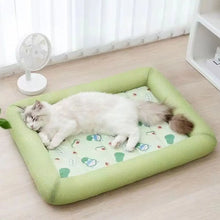 Load image into Gallery viewer, Cat lying on a green pet bed with a patterned mat inside, in a room with a fan and window. Cool Cat Summer Silk Retreat Bed - Accessory - JBCoolCats