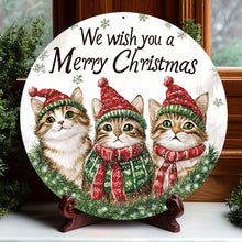 Load image into Gallery viewer, Decorative plate with three cats wearing Christmas hats and scarves, with text &#39;We wish you a Merry Christmas&#39;. - Meowy Christmas Aluminum Sign - Christmas - JBCoolCats