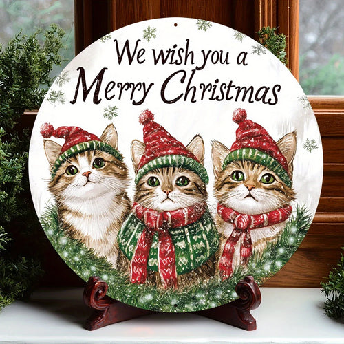 Decorative plate with three cats wearing Christmas hats and scarves, with text 'We wish you a Merry Christmas'. - Meowy Christmas Aluminum Sign - Christmas - JBCoolCats