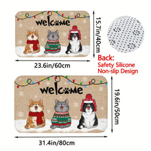 Load image into Gallery viewer, Doormat with cartoon dogs wearing winter clothing and &#39;welcome&#39; text, dimensions and safety silicone backing details. Welcome Cat Holiday Doormat - Size Chart - JBCoolCats