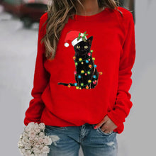 Load image into Gallery viewer, Red sweatshirt with a black cat wearing a Santa hat and wrapped in  Christmas lights. Twinkle Paws Christmas Cat Sweatshirt - Christmas - JBCoolCats