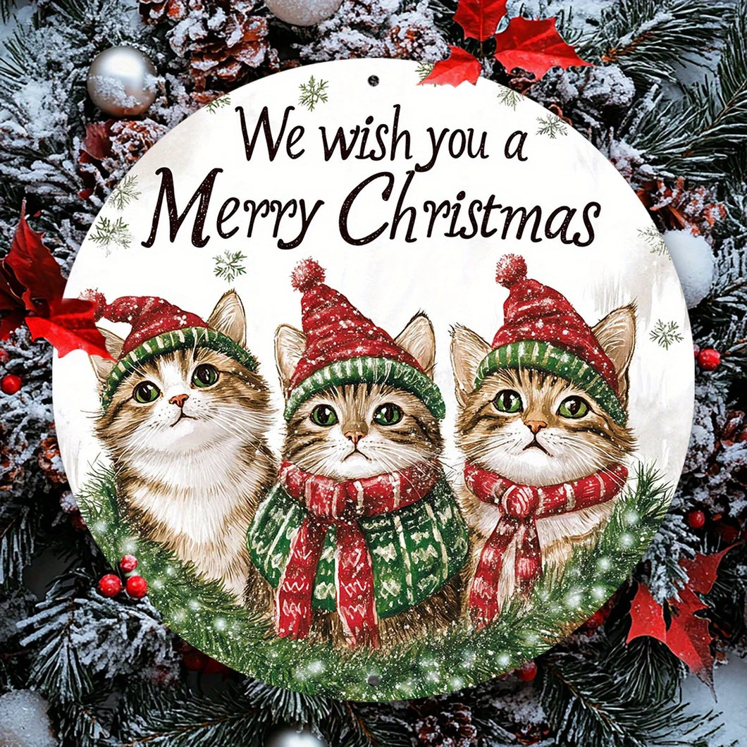 Decorative Christmas ornament with three cats wearing hats and scarves, surrounded by festive decorations. Meowy Christmas Aluminum Sign - Christmas - JBCoolCats