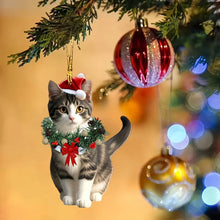Load image into Gallery viewer, Gray Cat ornament wearing a Christmas wreath and Santa hat. Feline Festivities Cat Ornaments – Christmas - JBCoolCats