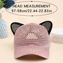 Load image into Gallery viewer, Mesh cat ear baseball cap in pink displayed on a light surface. Purrfect Breeze Cat‑Ear Cap – Size Chart  - JBCoolCats