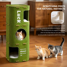 Load image into Gallery viewer, Green cat tree with two cats on a wooden floor, text about scratching posts. Purr fect Felt Forest Tower -  Small Size - JBCoolCats