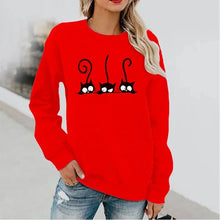 Load image into Gallery viewer, Red sweatshirt  with 3 peeking black cats - JBCoolCats