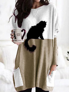 Casual Black Cat Long Sweater - Khaki- JBCoolCa
