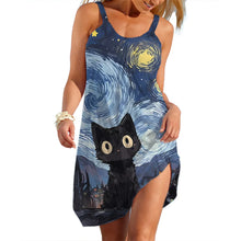 Load image into Gallery viewer, Dress with a black cat design inspired by 'Starry Night' on a white background. Moonlit Meow Magic Dress - Starry Night Cat Design - JBCoolCats