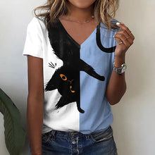Load image into Gallery viewer, Woman wearing a two-tone shirt with an upside down black cat design - Flip the Cat T-Shirt - Shadow Pounce - JBCoolCats 
