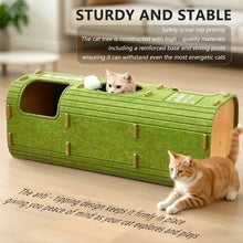Load image into Gallery viewer, Green cat tree with two cats on a wooden floor, text about stability and safety. Purr fect Felt Forest Tower -  Alt View - JBCoolCats