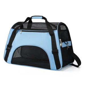 Light blue pet carrier with black mesh sides - Blue Breeze - JBCoolCats