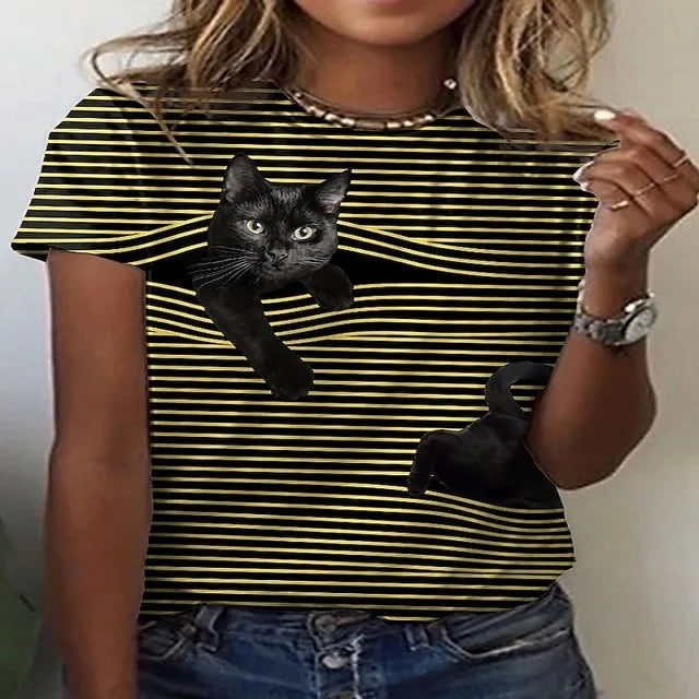 Person wearing a black and yellow striped t-shirt with a black cat  cat  peeking out graphic. Stripe and Seek: The Curious Cat T-Shirt - Sunbeam Stretch - JBCoolCats.