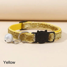 Load image into Gallery viewer, Gold glittery cat collar with a black cat-shaped buckle and silver bell on a beige background. - Sequin Cat Collar with Bell  - Yellow - JBCoolCats