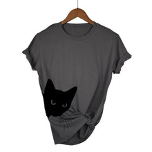 Load image into Gallery viewer, Dark Gray t-shirt with a black cat graphic on a hanger against a white background  - JBCoolCats